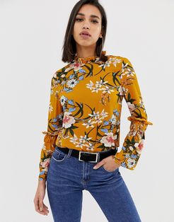 long sleeve floral blouse-Yellow