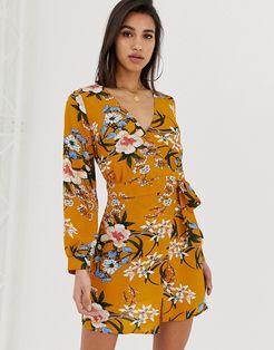 long sleeve wrap dress-Yellow