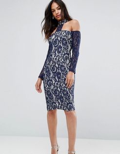 Navy Long Sleeved Bardot Midi Dress-Multi