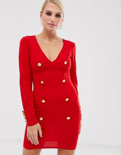 plunge button front bodycon dress-Red