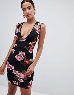 plunge rose print mini dress-Black