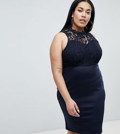 Lace Panel Pencil Dress-Navy