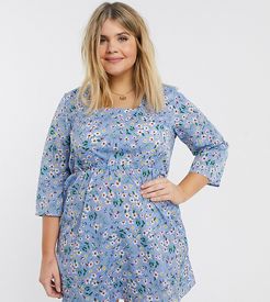 sqaure neck dress in floral-Blues