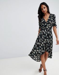 printed wrap midi dress-Black