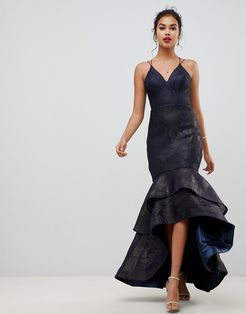 tiered fishtail mesh maxi dress in navy