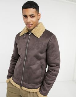 Barney's Originals shearling jacket with zip front in dark brown