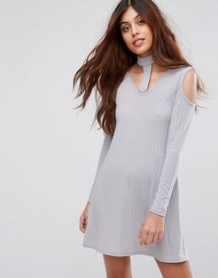 Ribbed Swing Dress With Tie Neck-Silver