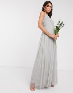 embellished maxi dress with pleated skirt in light gray-Grey