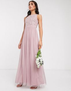 embellished maxi dress with pleated skirt in light pink