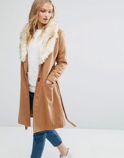 Belted Wool Blend Coat With Faux Fur Collar-Brown