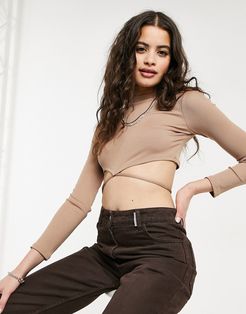 high neck wraparound crop top in whiskey-Brown