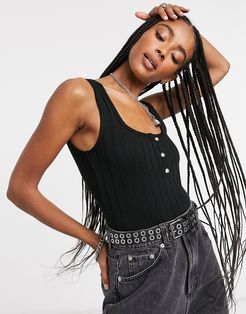 jewel button down ribbed bodysuit in black
