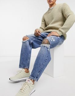 loose fit jeans with rips in mid blue wash-Blues