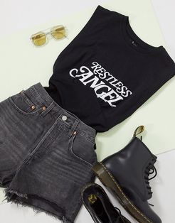 'restless angel' slogan volume shoulder t-shirt in black