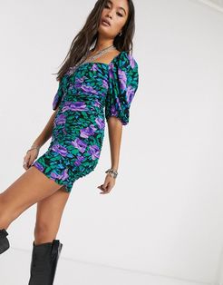 ruched floral mini dress in multi