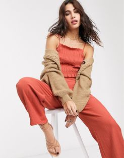 shirred strappy jumpsuit with ruched front in orange