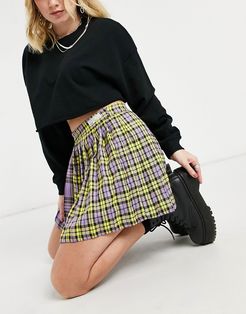 spliced tartan tennis skirt in purple and yellow plaids-Multi