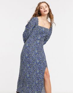 square neck floral midi dress in blue