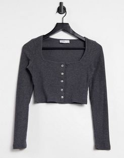 square neck jewel button top in charcoal-Grey