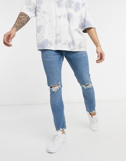 super skinny fit jeans in mid blue wash with rips-Blues
