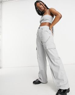 wide leg 90s dad cargo pants with pockets and chain in gray - part of a set-Grey