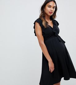 frill detail plunge front dress in black