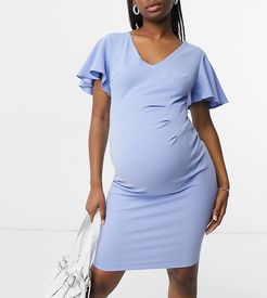 babyshower flutter sleeve body-conscious midi dress in sky blue-Blues