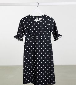 frill sleeve midi dress in polka dot-Black