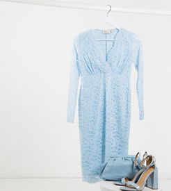 long sleeve lace baby shower midi dress in light blue-Blues