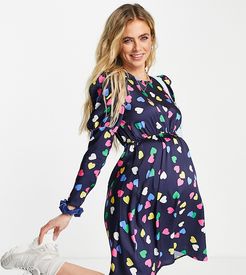 Blume Studio Maternity exaggerated shoulder mini dress in navy heart print