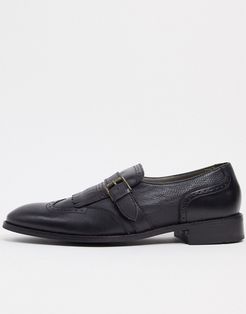 fringed brogue leather monkstrap shoes-Black