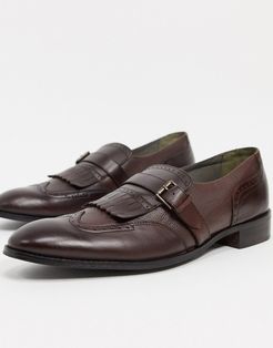 fringed brogue leather monkstrap shoes-Brown