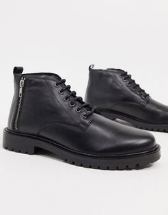 leather chunky boots with side zip-Black