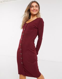 button front midi dress in burgundy-Red