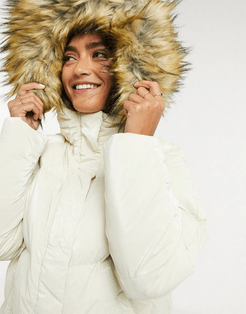 falcon hi-shine puffer jacket with faux fur trim hood-White