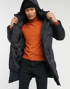 padded hooded longline jacket in black