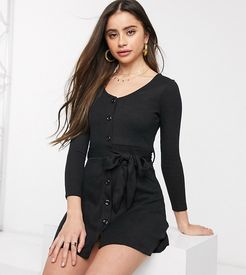 rony button through skater dress with self belt-Black