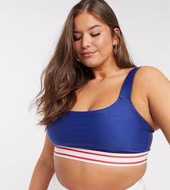 wide strap bikini top with striped elastic-Blue