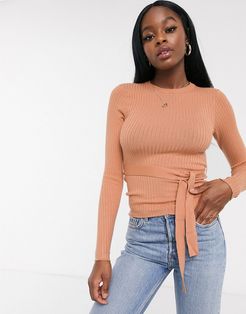 slim fit sweater with belt in camel-Tan
