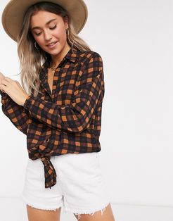 tie front checked shirt-Brown