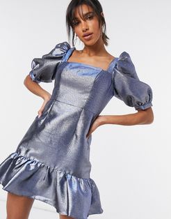 Faye ruffle mini dress in metallic pewter-Grey