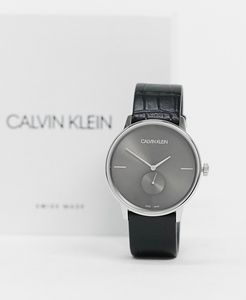 black strap watch with gray dial