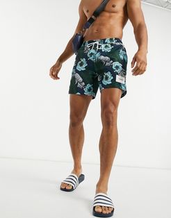 medium length swim short in tropical print-Black