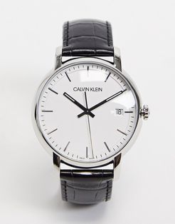 textured strap watch with white dial-Black