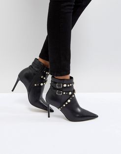 Granite Pearl Buckle Leather Heeled Ankle Boots-Black
