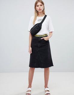 organic mid length denim skirt with logo tape-Black