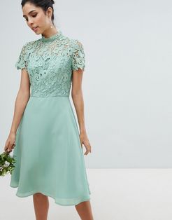 2 in 1 High Neck Midi Dress with Crochet Lace-Green