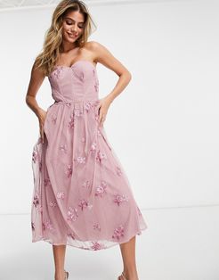 3d floral strapless prom dress in mink-Pink