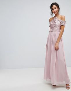 Halter Maxi With Off Shoulder Lace Detail in mink-Brown