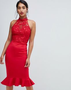 high neck 2 in 1 lace bodycon dress in red
